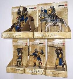 Schleich KNIGHTS Two MOUNTED & 3 FOOT SOLDIERS Set of 5 Blue & Yellow Gryfin MIP